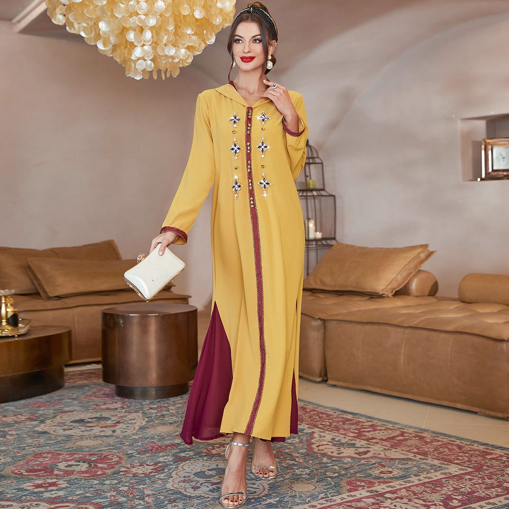 Yellow Hem Stitching Dark Red Mesh Dress