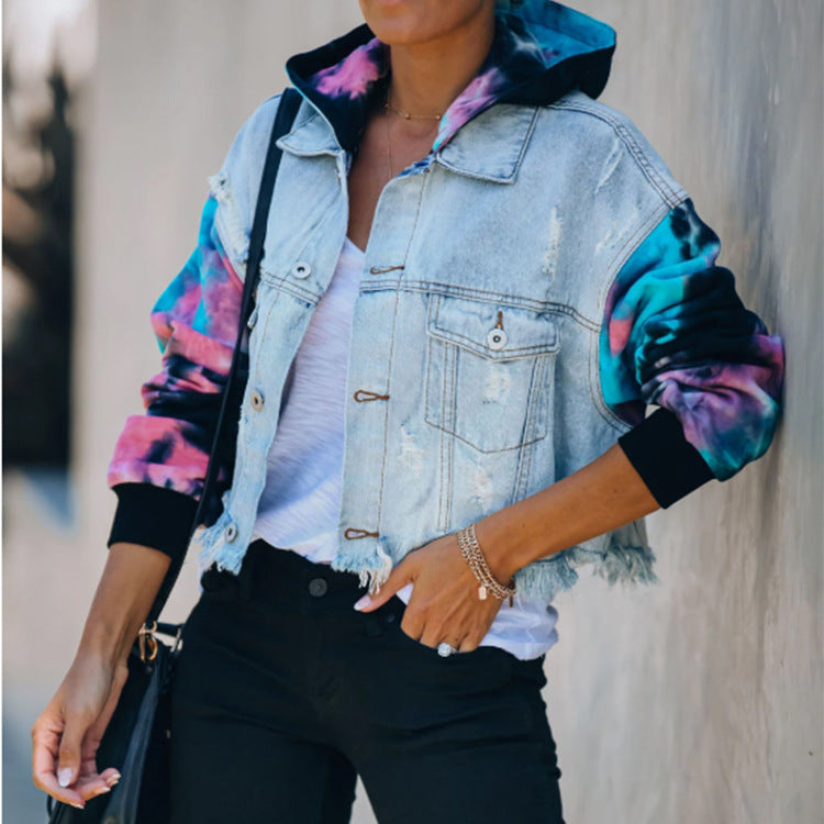 Ladies tie-dye contrast denim jacket