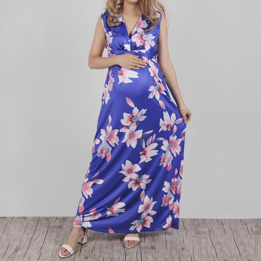 V-neck Sleeveless Lace Print Maternity Dress Mop Dress