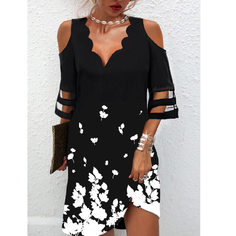 European And American Style Women's Summer Temperament Commute Wave V-neck Mesh Stitching Short Sleeve Chiffon Dress