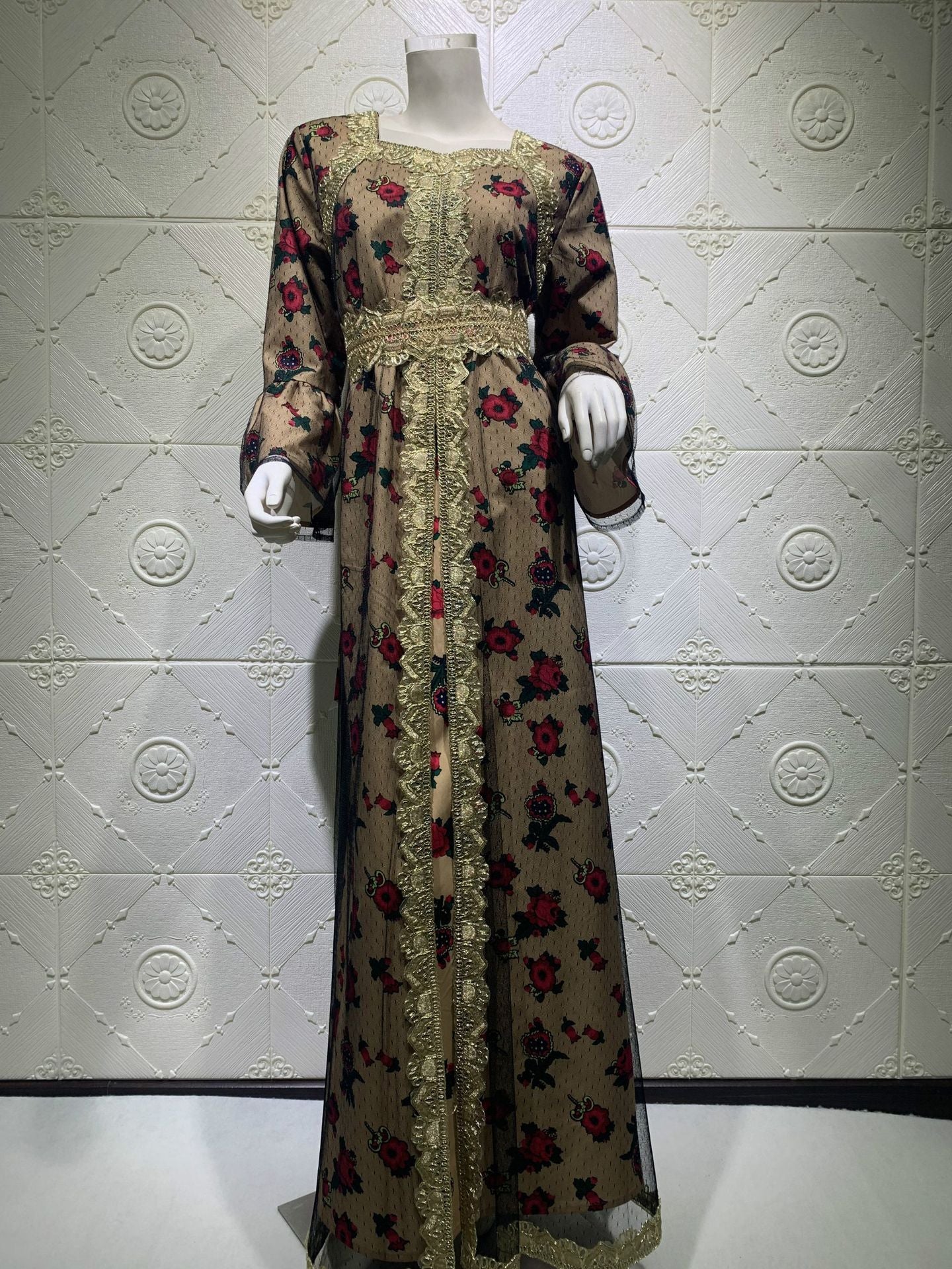 Middle Eastern Ethnic Style Printed Embroidery Lace Mesh Dress