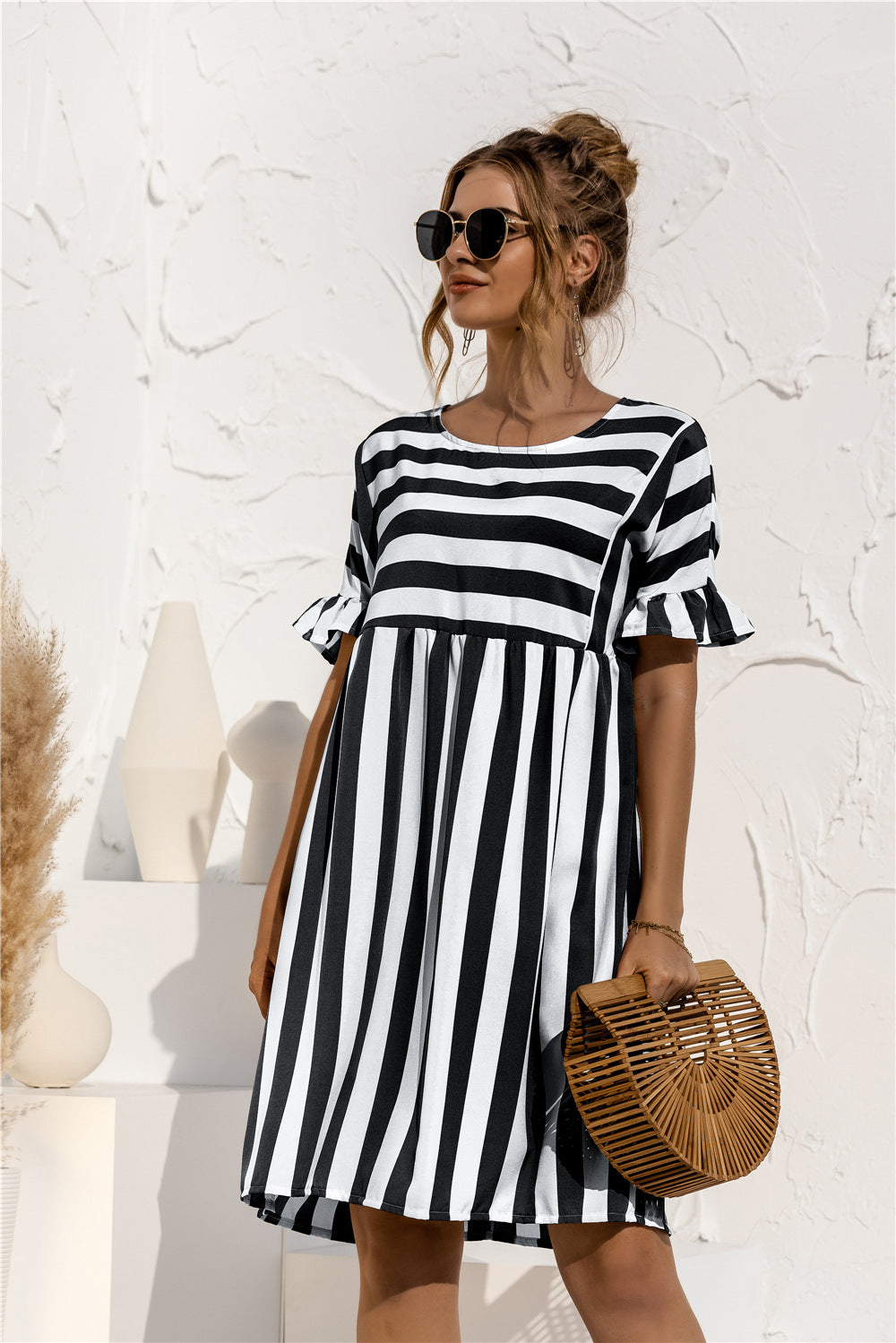 Ruffled Short-sleeved Striped Stitching Contrast Pocket Loose Dress
