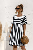 Ruffled Short-sleeved Striped Stitching Contrast Pocket Loose Dress