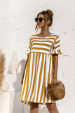 Ruffled Short-sleeved Striped Stitching Contrast Pocket Loose Dress