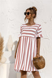 Ruffled Short-sleeved Striped Stitching Contrast Pocket Loose Dress