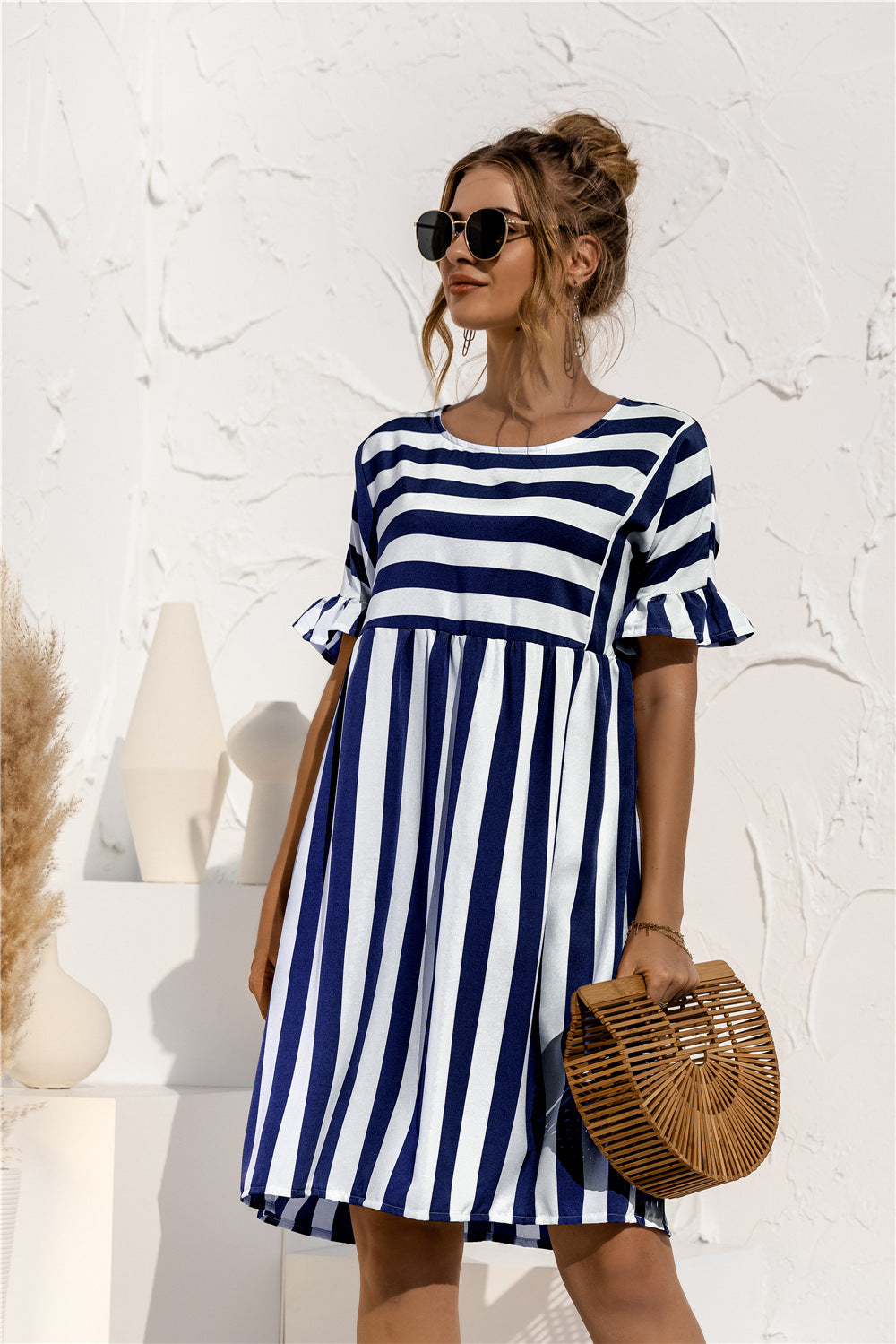 Ruffled Short-sleeved Striped Stitching Contrast Pocket Loose Dress