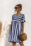 Ruffled Short-sleeved Striped Stitching Contrast Pocket Loose Dress