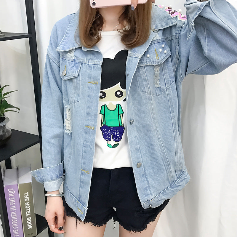 New Style Beaded Sequins Loose Casual Denim Jacket