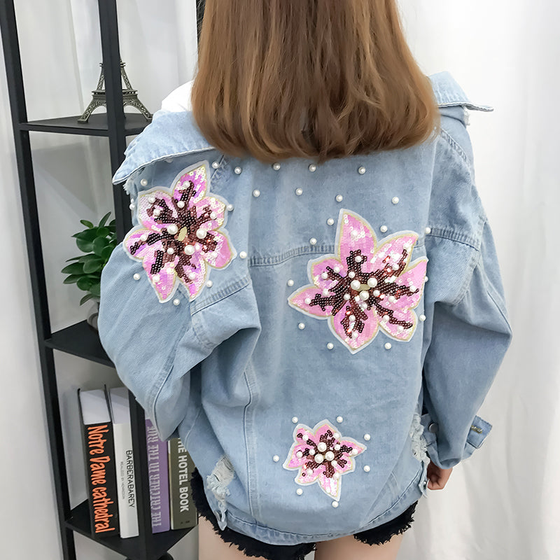 New Style Beaded Sequins Loose Casual Denim Jacket