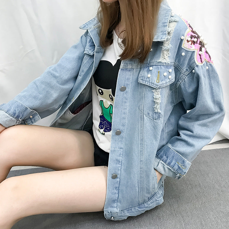 New Style Beaded Sequins Loose Casual Denim Jacket
