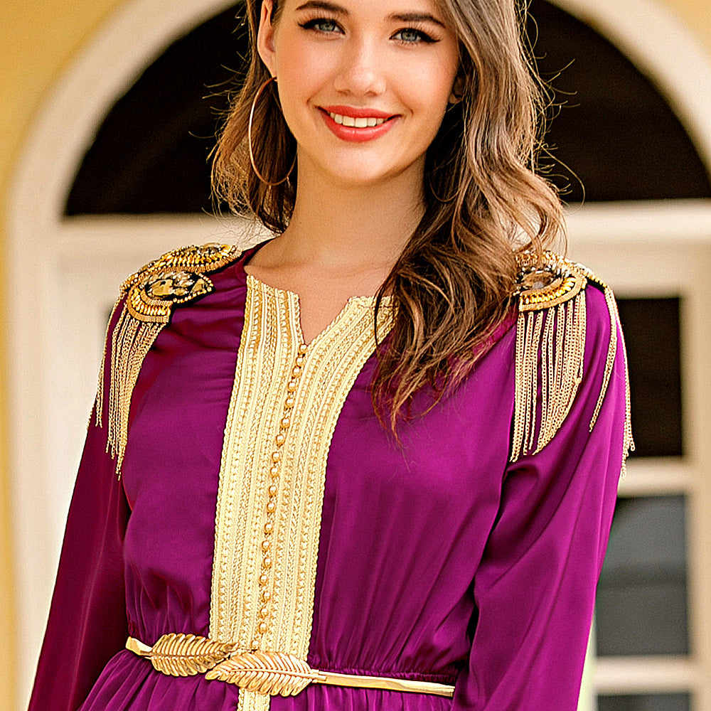 Woven Satin Dress With Beads And Tassels Epaulettes