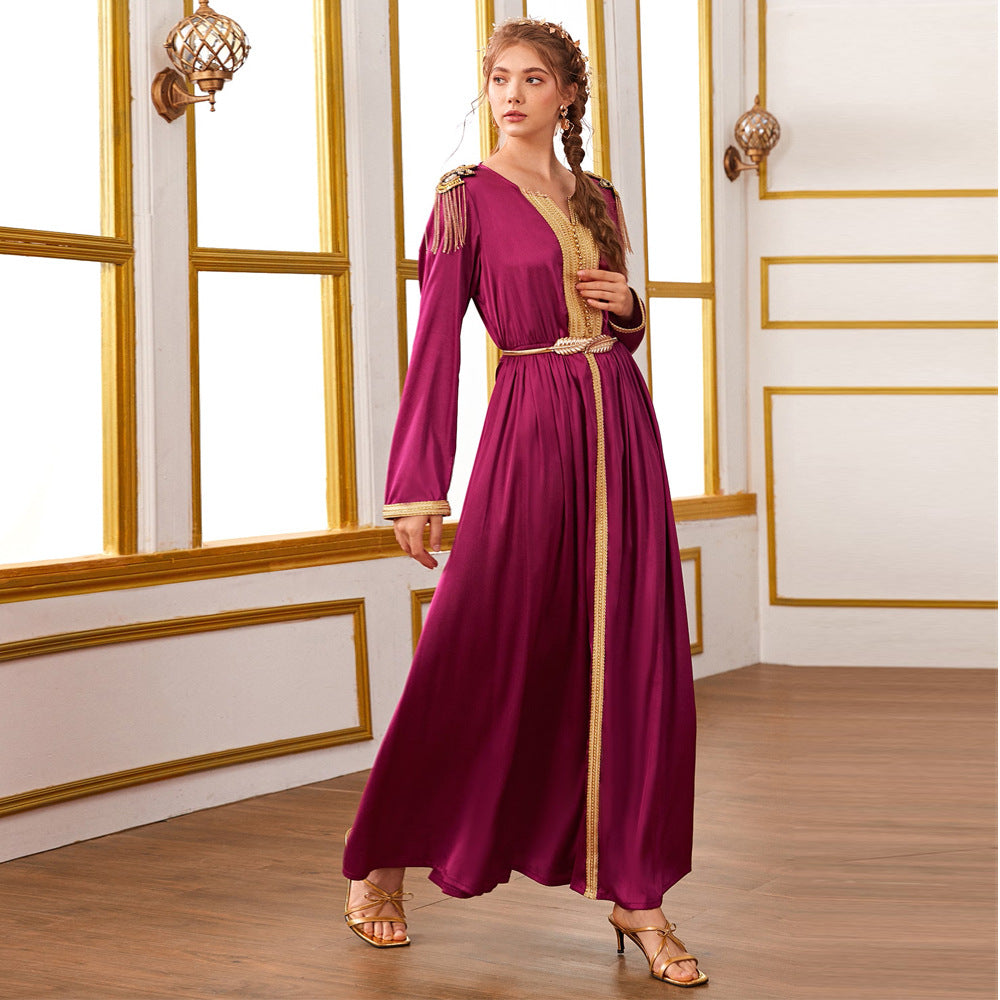 Woven Satin Dress With Beads And Tassels Epaulettes