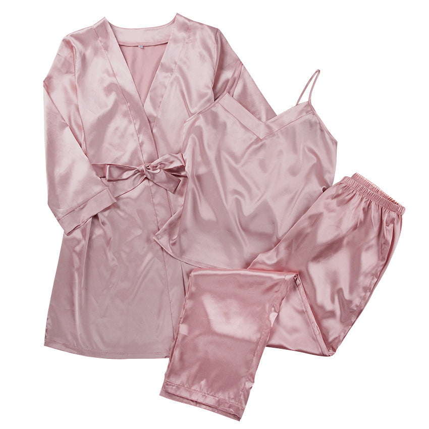 Satin Pink Simple Pajamas Suit Women Night Gown Pajamas