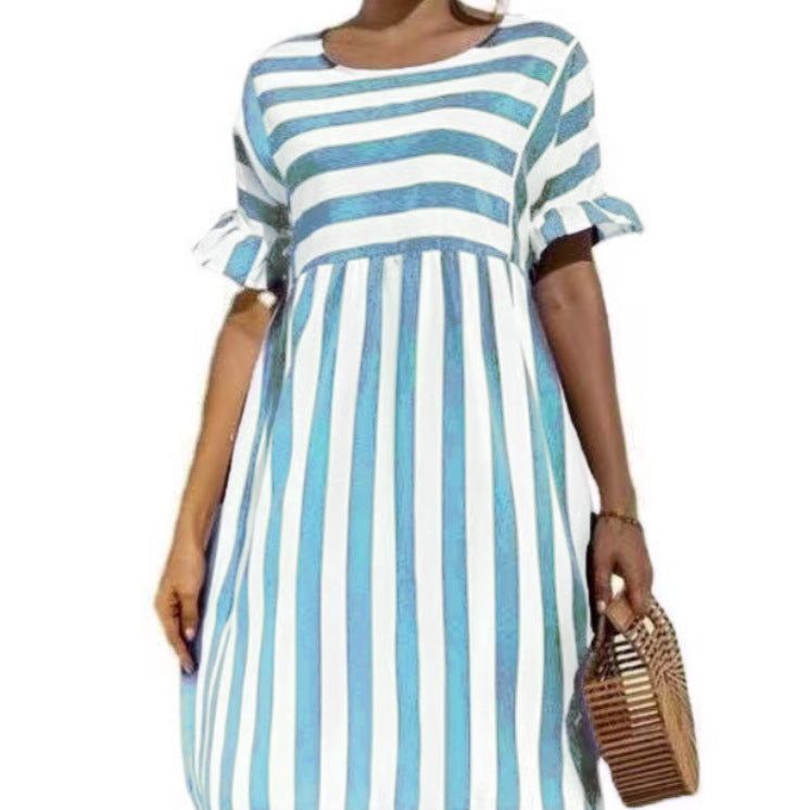 Ruffled Short-sleeved Striped Stitching Contrast Pocket Loose Dress
