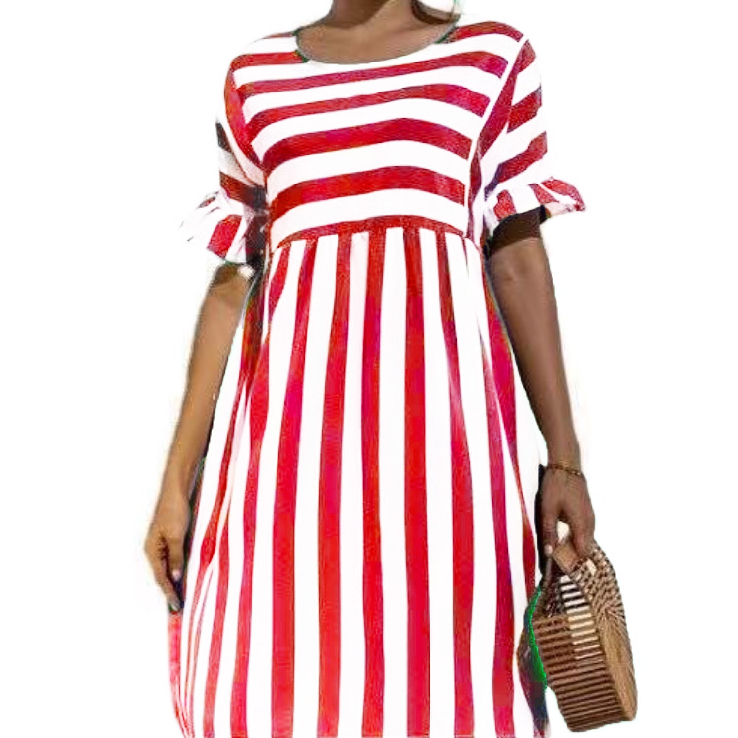 Ruffled Short-sleeved Striped Stitching Contrast Pocket Loose Dress