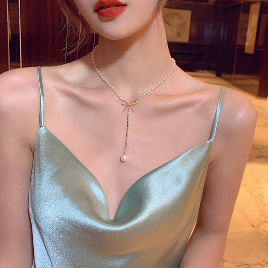 Fashion Clavicle Chain Long Small Drop Pearl Necklace Women\'s Summer
