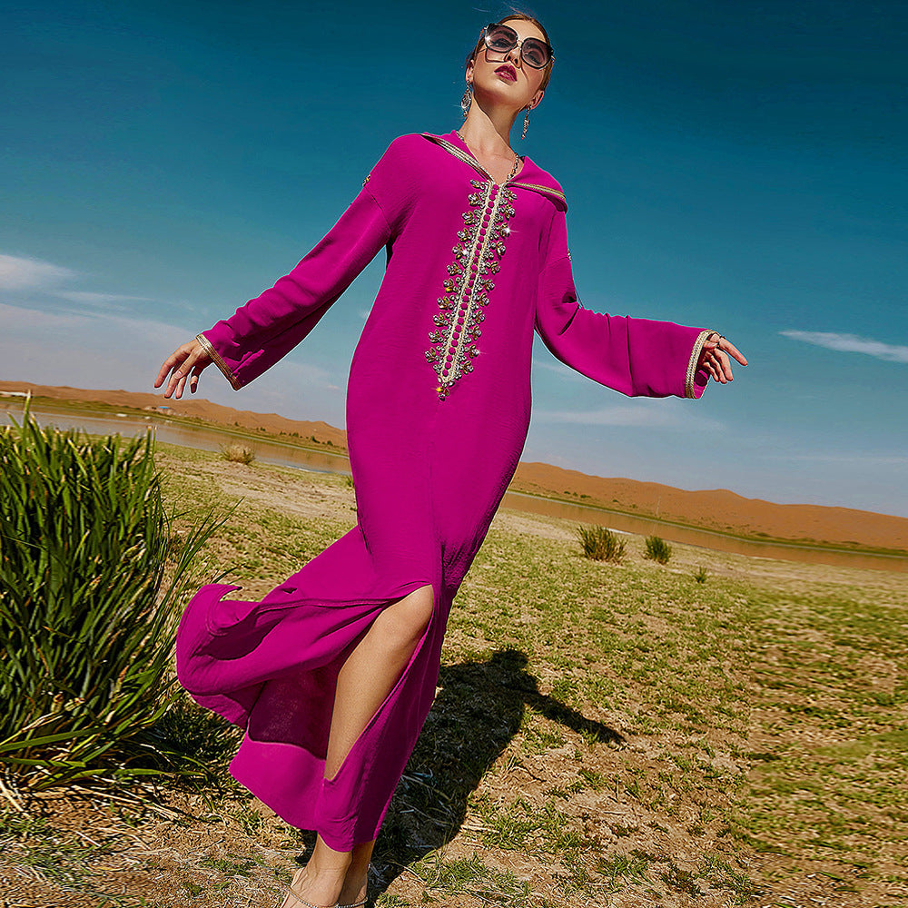 Women's Rose Red Hooded Middle East Moroccan Style Dress