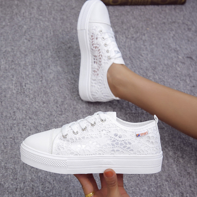 Women Shoes 2022 Fashion Summer Casual White Shoes Cutouts Lace Canvas
