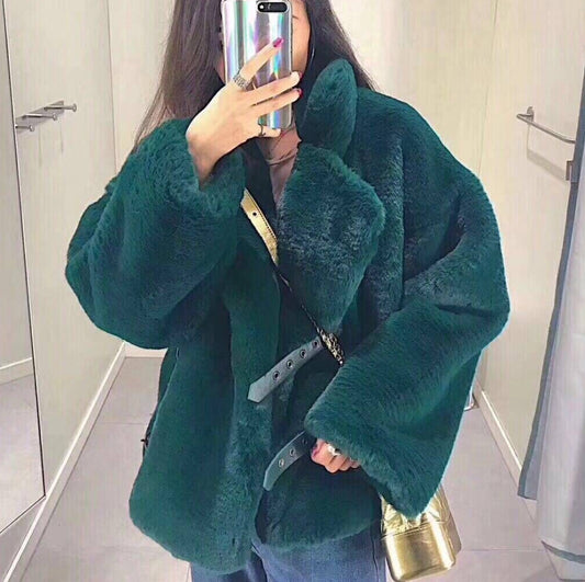 2021 Winter Korean Female Fur Coat Short Soft  Rabbit Fur Jacket Long-Sleeved Shaggy Thicken Warm Women Fashion Outwear