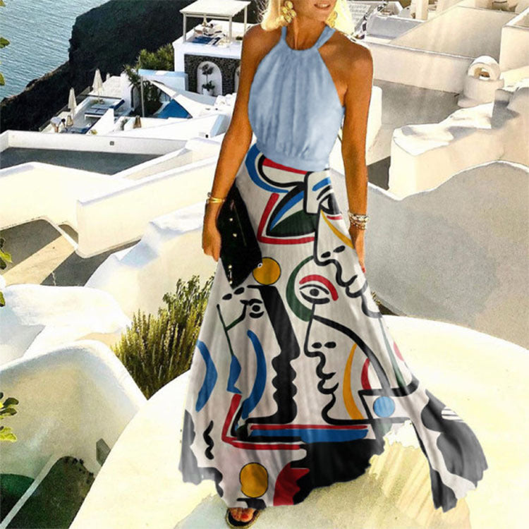 Printed Pleated Neck Dress Women's Long Skirt