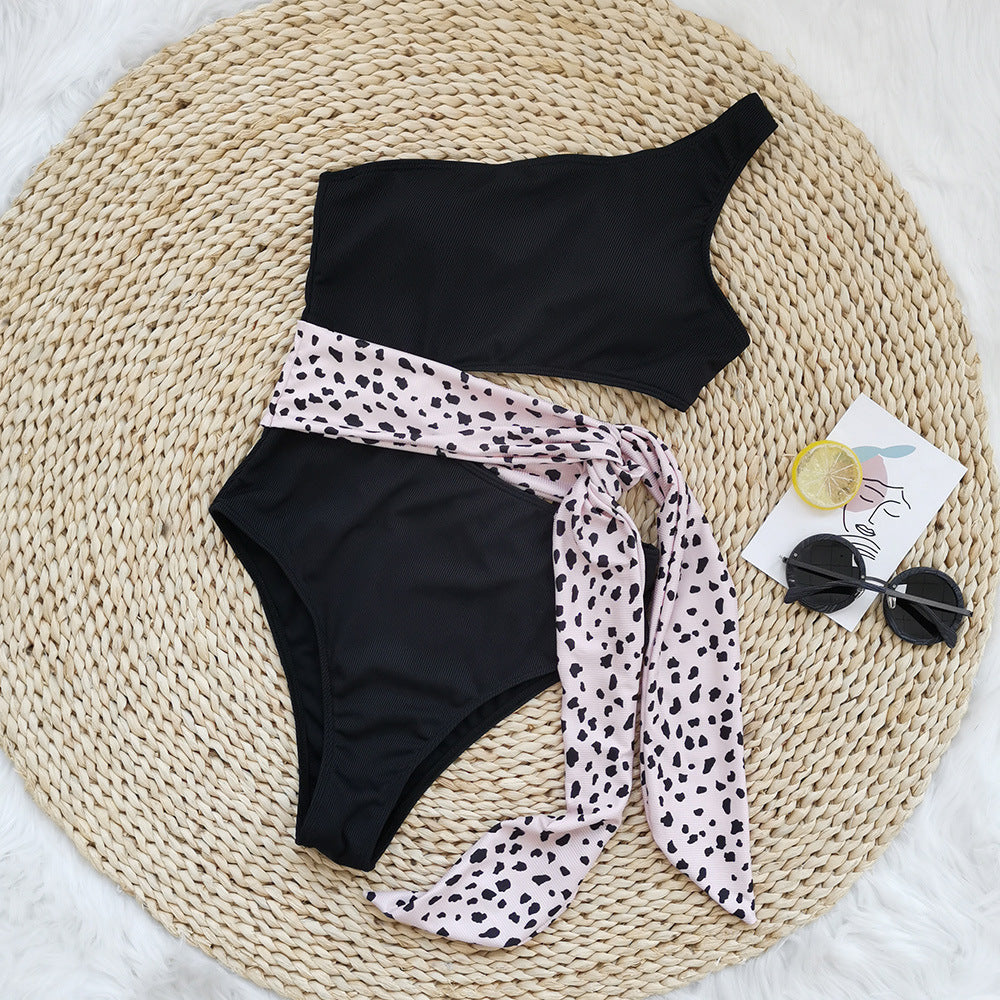 One-shoulder Plain Swimsuit Leopard Print Swimsuit