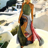 Printed Pleated Neck Dress Women's Long Skirt