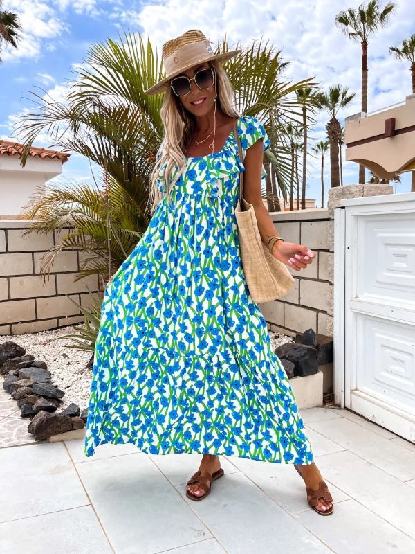 New Fashion Short Sleeve Printed Maxi Dress Beach Dress