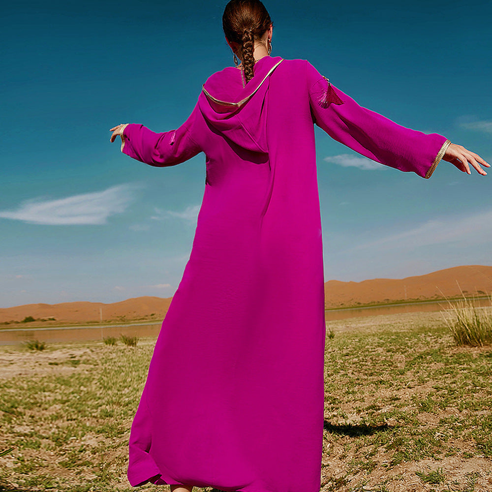 Women's Rose Red Hooded Middle East Moroccan Style Dress