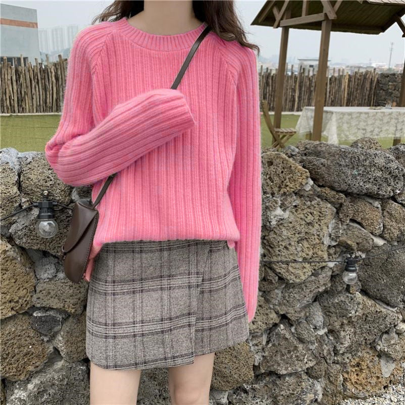 Women's Long-sleeved Pullover Sweater New Solid Color Loose Knit Sweater Women