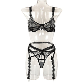 Women's Embroidered Mesh Splicing Lace Shoulder Straps Girdle Underwear Three Piece Set