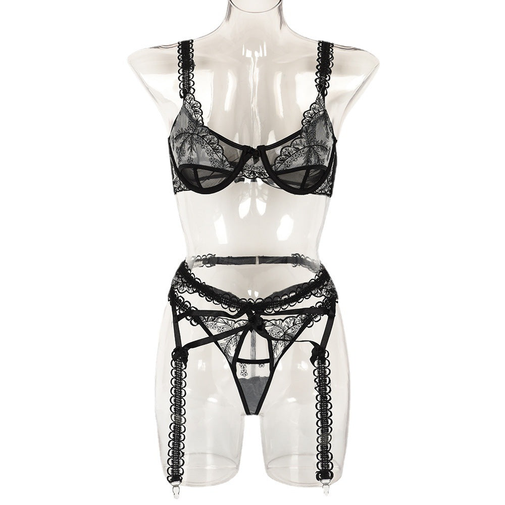 Women's Embroidered Mesh Splicing Lace Shoulder Straps Girdle Underwear Three Piece Set