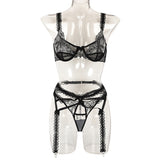 Women's Embroidered Mesh Splicing Lace Shoulder Straps Girdle Underwear Three Piece Set