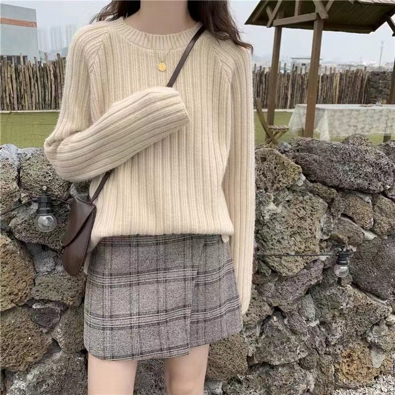 Women's Long-sleeved Pullover Sweater New Solid Color Loose Knit Sweater Women