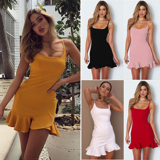 Ruffles Trumpet Dress Women Sleeveless Spaghetti Strap Slim Summer Dress