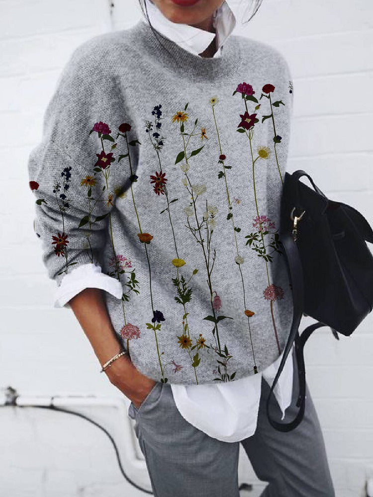 Women's Fashion Brushed Flower Printed Loose Long Sleeve Top