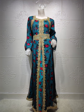 Middle Eastern Ethnic Style Printed Embroidery Lace Mesh Dress
