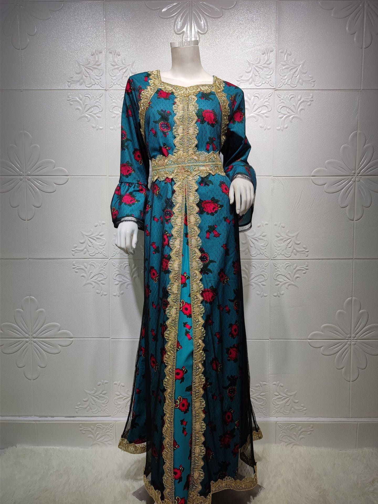 Middle Eastern Ethnic Style Printed Embroidery Lace Mesh Dress
