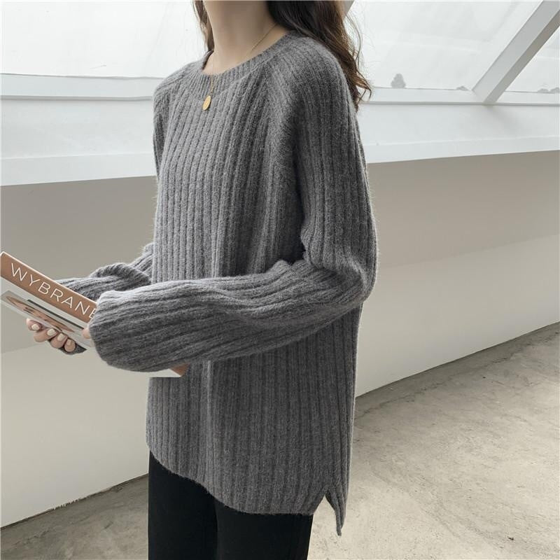 Women's Long-sleeved Pullover Sweater New Solid Color Loose Knit Sweater Women