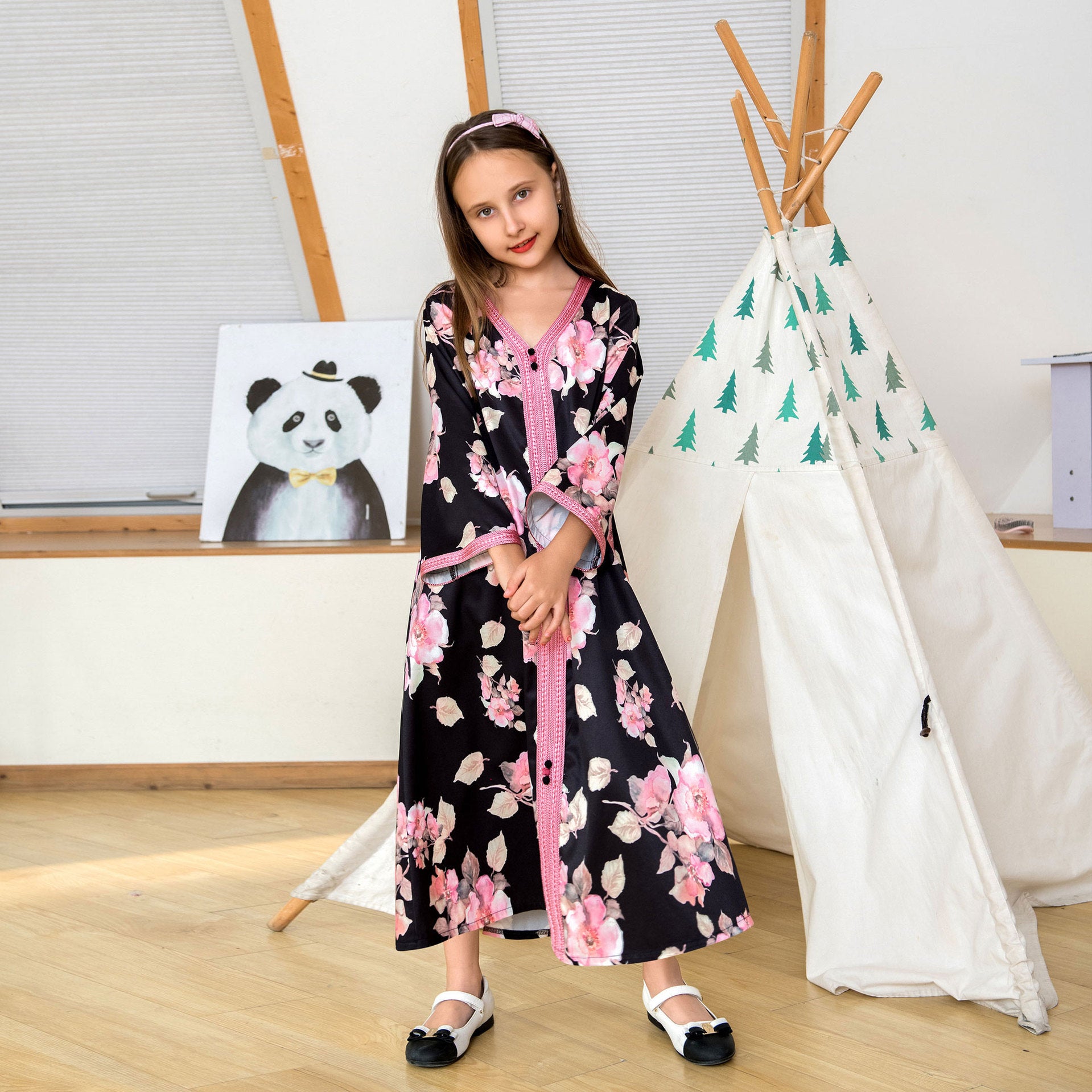 Ladies Polyester Print Dress Middle East Robe