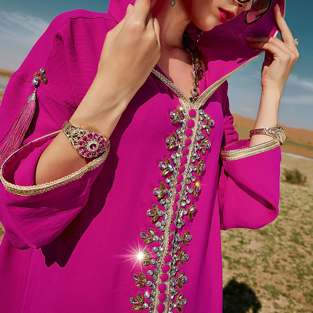 Women's Rose Red Hooded Middle East Moroccan Style Dress