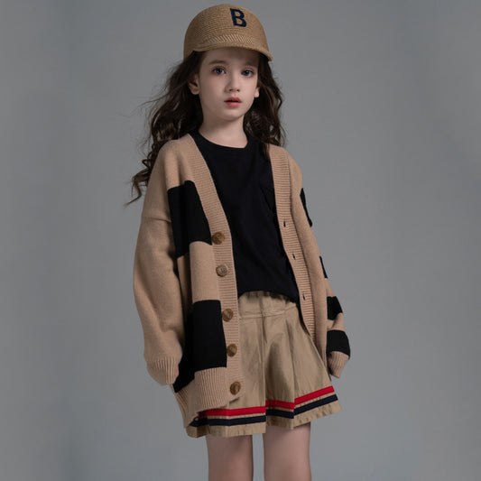 Striped Middle-aged Children's Knitted Sweater Coat