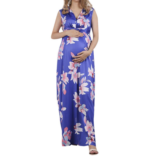 V-neck Sleeveless Lace Print Maternity Dress Mop Dress