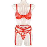 Women's Embroidered Mesh Splicing Lace Shoulder Straps Girdle Underwear Three Piece Set