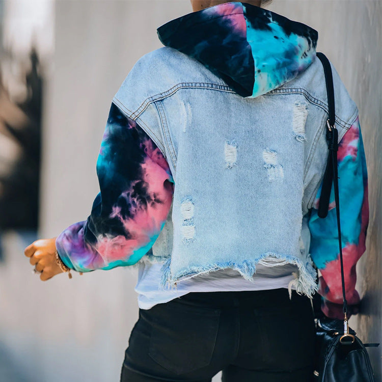 Ladies tie-dye contrast denim jacket