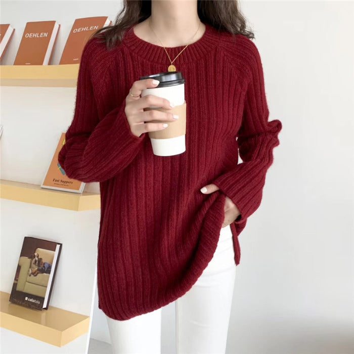 Women's Long-sleeved Pullover Sweater New Solid Color Loose Knit Sweater Women