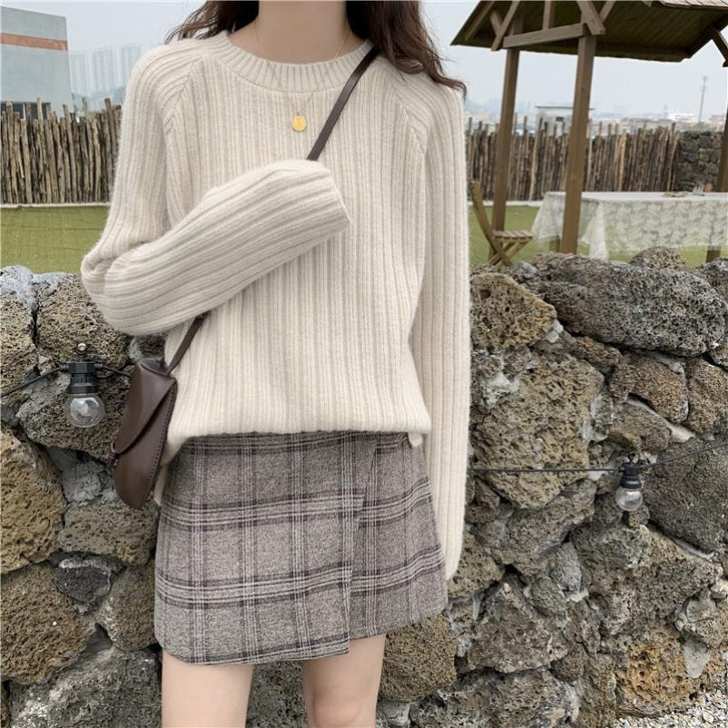 Women's Long-sleeved Pullover Sweater New Solid Color Loose Knit Sweater Women