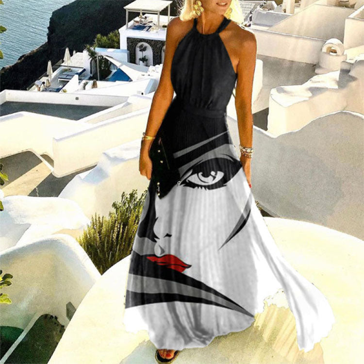 Printed Pleated Neck Dress Women's Long Skirt