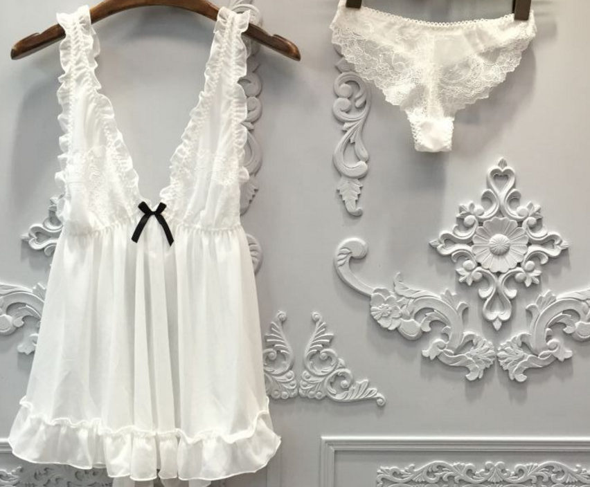 Sexy Women Nightgown+Pantie Set Deep V Lace