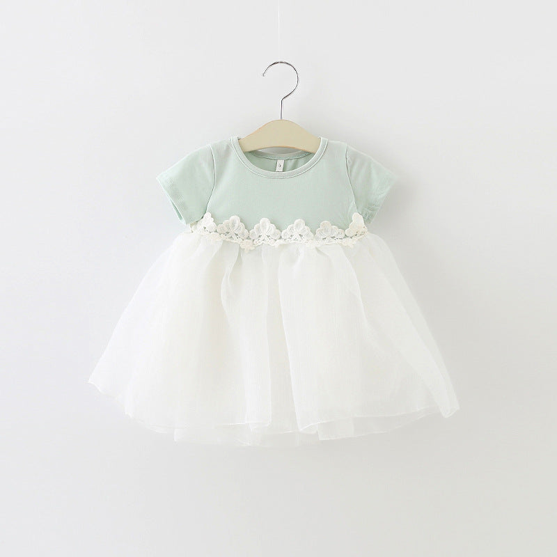 Summer Girls Skirt Middle Children's Back Big Bow Short Sleeve Dress Baby Princess Mesh Skirt