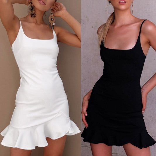 Ruffles Trumpet Dress Women Sleeveless Spaghetti Strap Slim Summer Dress